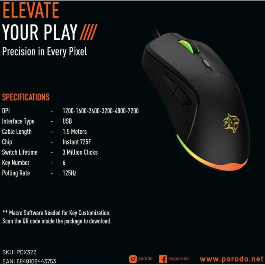 Porodo Gaming Wired Mouse DPI 7200 with RGB Light - Image 2